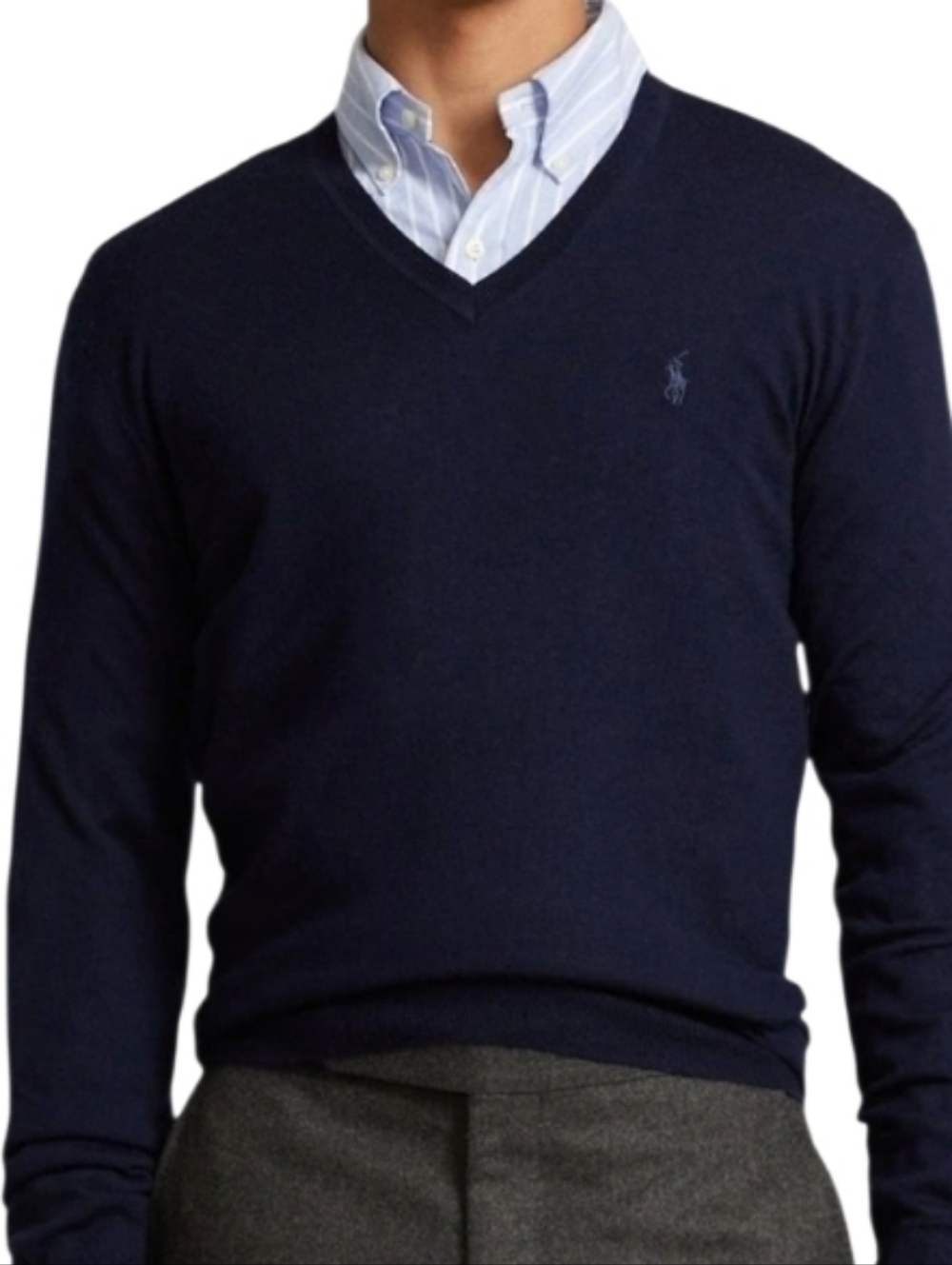 Ralph Lauren Navy Blue V-Neck Slim Fit Marino Wool  Washable Sweater